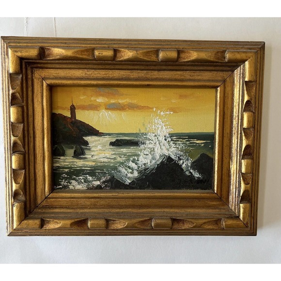 J. Brioni Oil Painting Lighthouse Abstract Miniature Gilt Wood Mid Century MCM